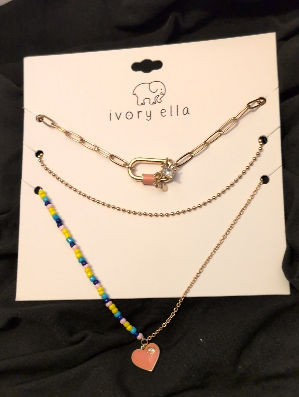 ivory ella Gold Layered Necklace Set with Pink Heart and Multicolor Beads